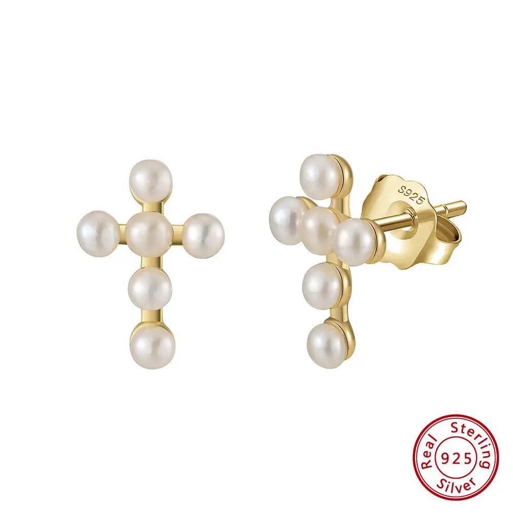 Cultured Freashwater Pearl 14K Gold Plated 925 Sterling Silver Cross Earrings TQ