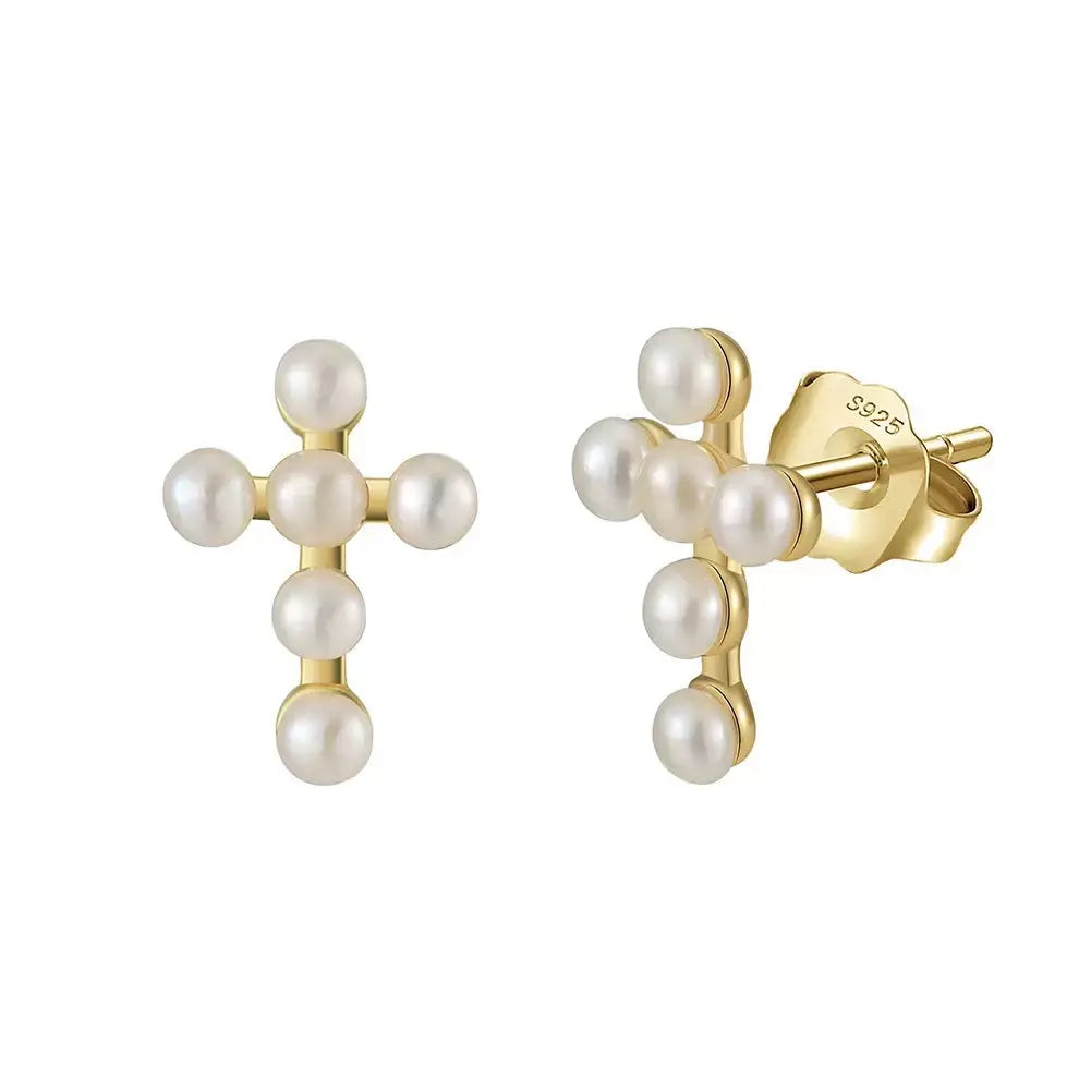 Cultured Freashwater Pearl 14K Gold Plated 925 Sterling Silver Cross Earrings TQ
