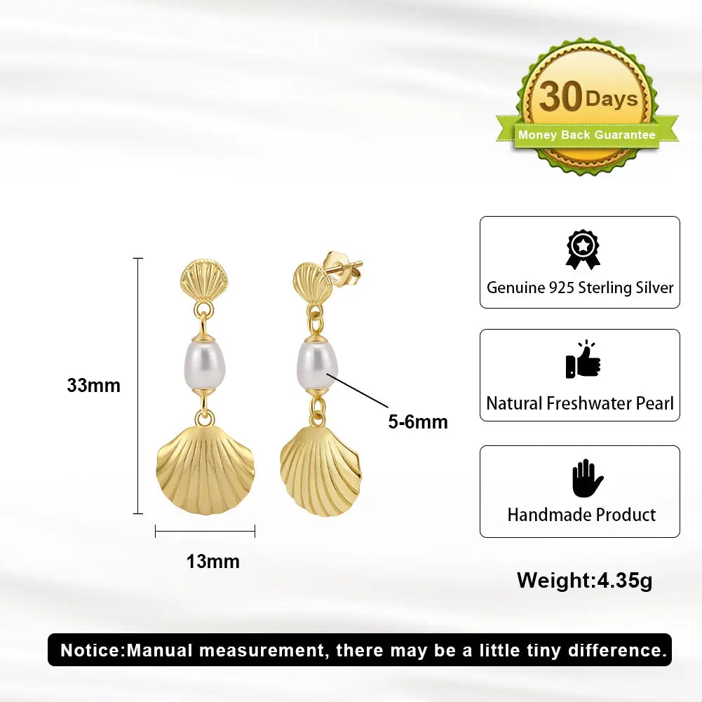Cultured Freashwater Pearl 925 Sterling Silver 14K Gold Plated Shell Fan Earrings TQ