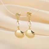 Cultured Freashwater Pearl 925 Sterling Silver 14K Gold Plated Shell Fan Earrings TQ
