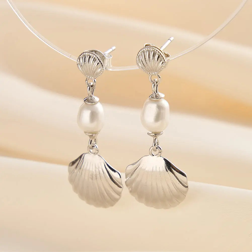 Cultured Freashwater Pearl 925 Sterling Silver 14K Gold Plated Shell Fan Earrings TQ