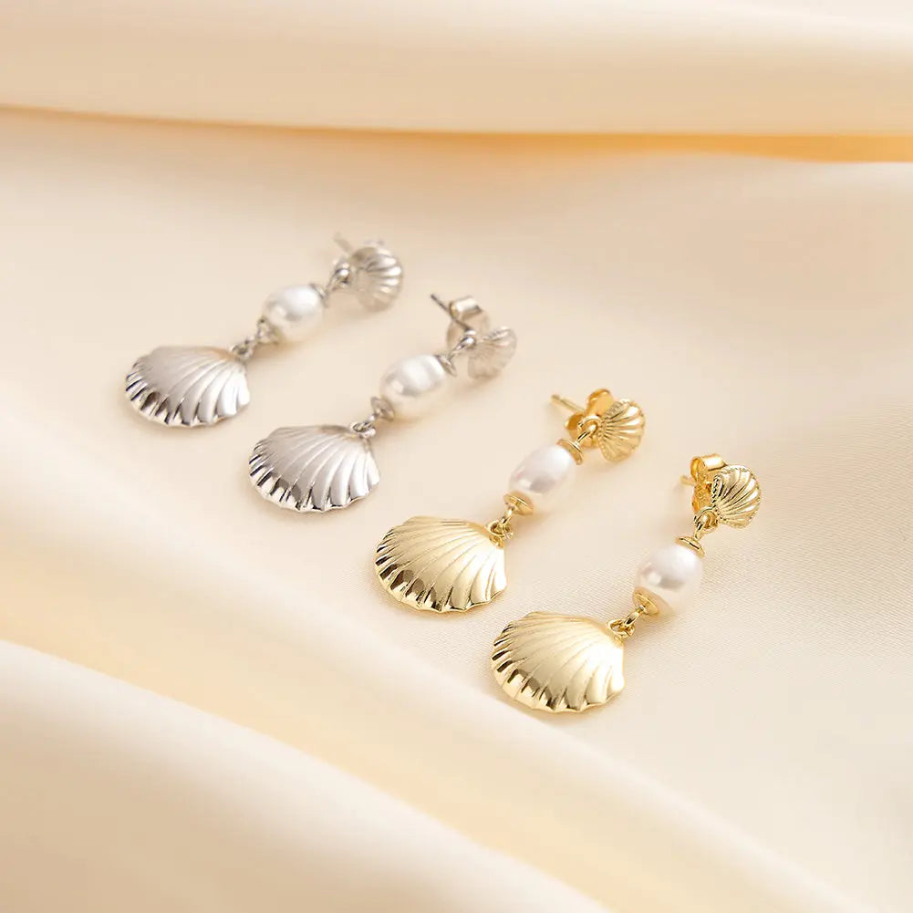 Cultured Freashwater Pearl 925 Sterling Silver 14K Gold Plated Shell Fan Earrings TQ
