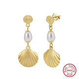 Cultured Freashwater Pearl 925 Sterling Silver 14K Gold Plated Shell Fan Earrings TQ