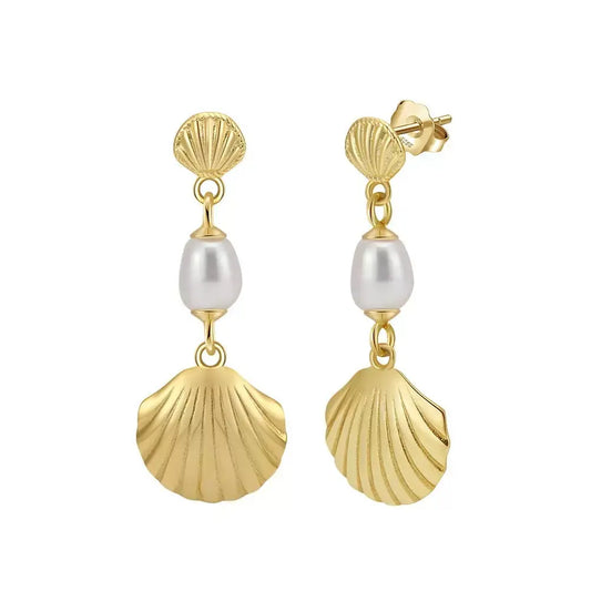 Cultured Freashwater Pearl 925 Sterling Silver 14K Gold Plated Shell Fan Earrings TQ