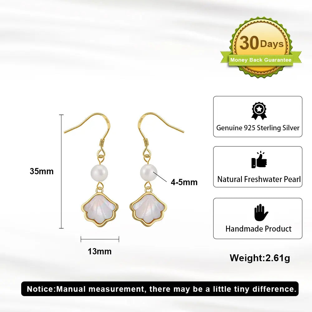 Cultured Freashwater Pearl 14K Gold Plated 925 Sterling Silver Natural Shell Earrings TQ