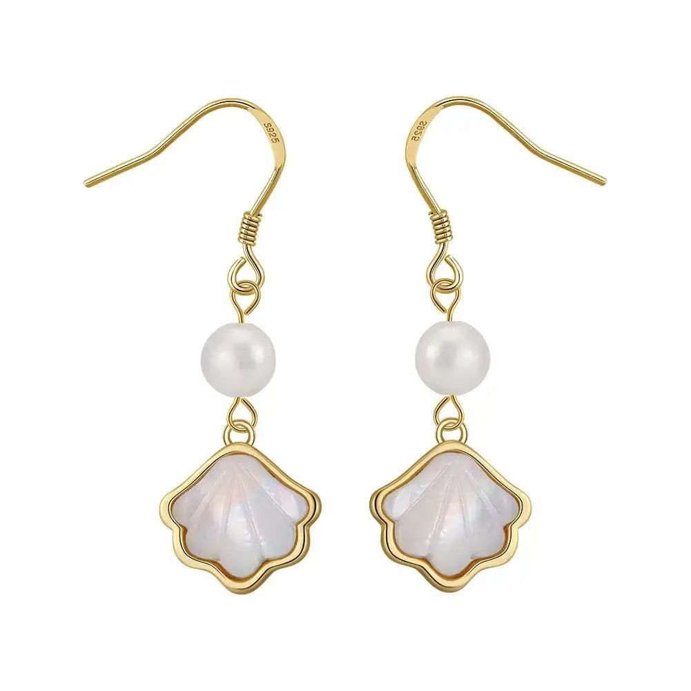 Cultured Freashwater Pearl 14K Gold Plated 925 Sterling Silver Natural Shell Earrings TQ