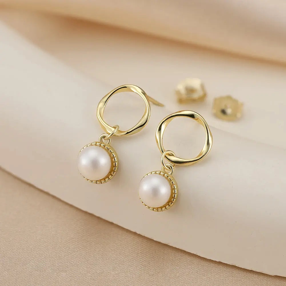 Cultured Freshwater Pearl 925 Sterling Silver 14K Gold Plated French Vintage Large Pearl Earrings TQ