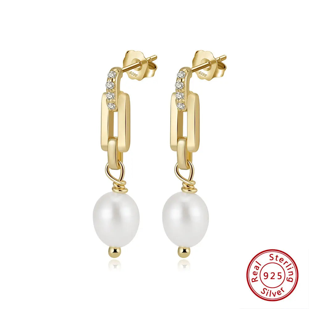 Cultured Freashwater Pearl 14K Gold Plated 925 Sterling Silver Zircon Buckle Earrings TQ