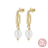 Cultured Freashwater Pearl 14K Gold Plated 925 Sterling Silver Zircon Buckle Earrings TQ