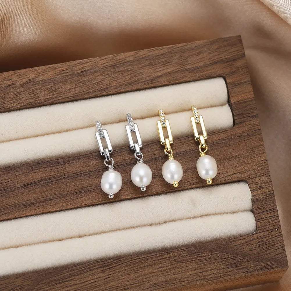 Cultured Freashwater Pearl 14K Gold Plated 925 Sterling Silver Zircon Buckle Earrings TQ