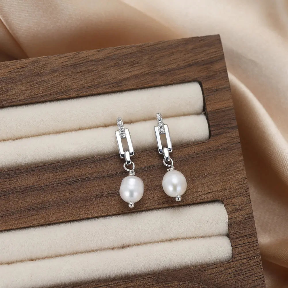 Cultured Freashwater Pearl 14K Gold Plated 925 Sterling Silver Zircon Buckle Earrings TQ