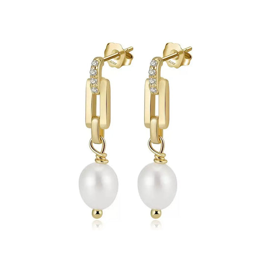 Cultured Freashwater Pearl 14K Gold Plated 925 Sterling Silver Zircon Buckle Earrings TQ