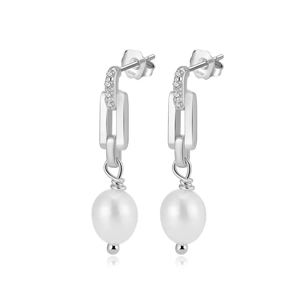 Cultured Freashwater Pearl 14K Gold Plated 925 Sterling Silver Zircon Buckle Earrings TQ