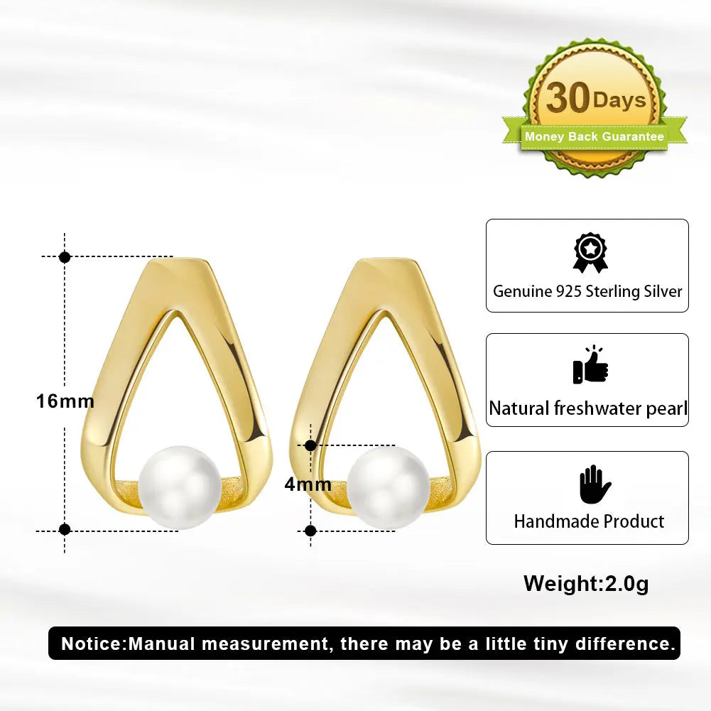 Cultured Freashwater Pear 14K Gold Plated 925 Sterling Silver Triangle Earrings TQ