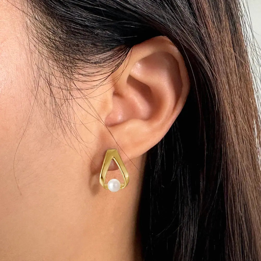 Cultured Freashwater Pear 14K Gold Plated 925 Sterling Silver Triangle Earrings TQ