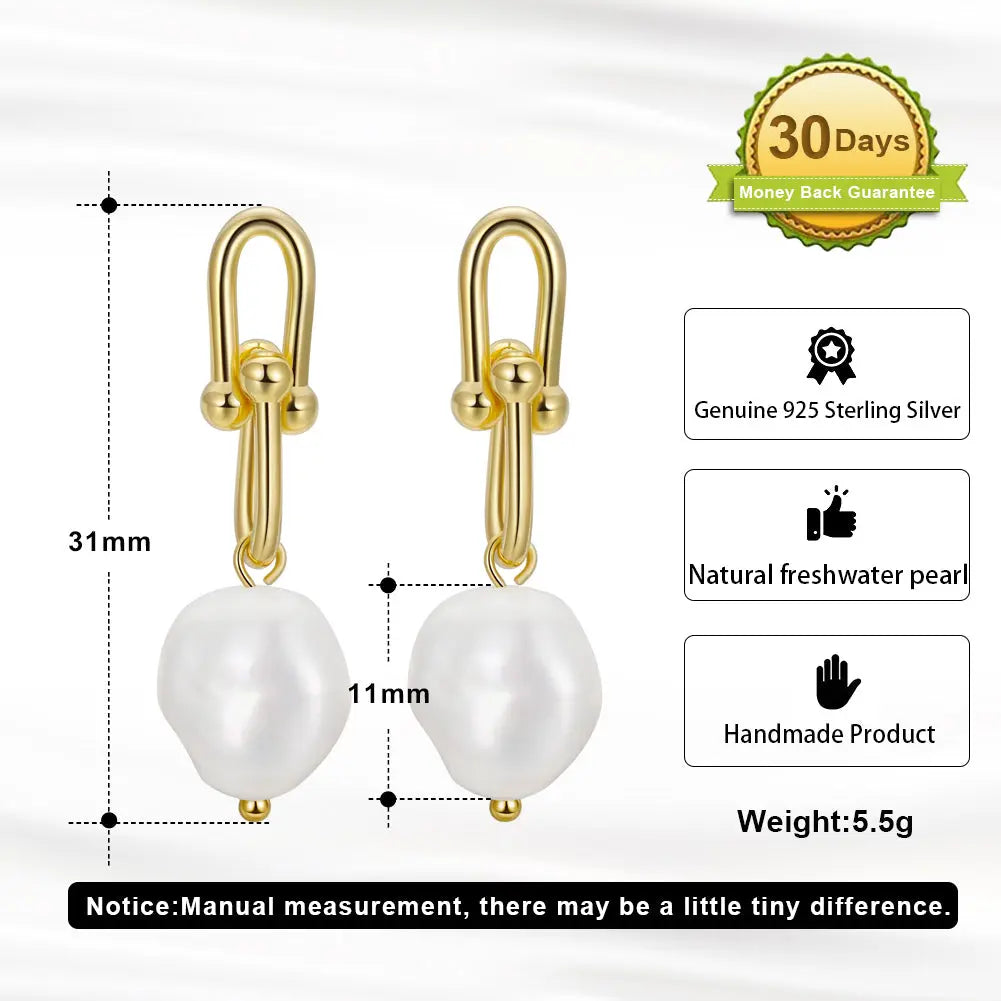 Cultured Freashwater Pear 14K Gold Plated 925 Sterling Silver Horseshoe Chain Baroque Earrings TQ