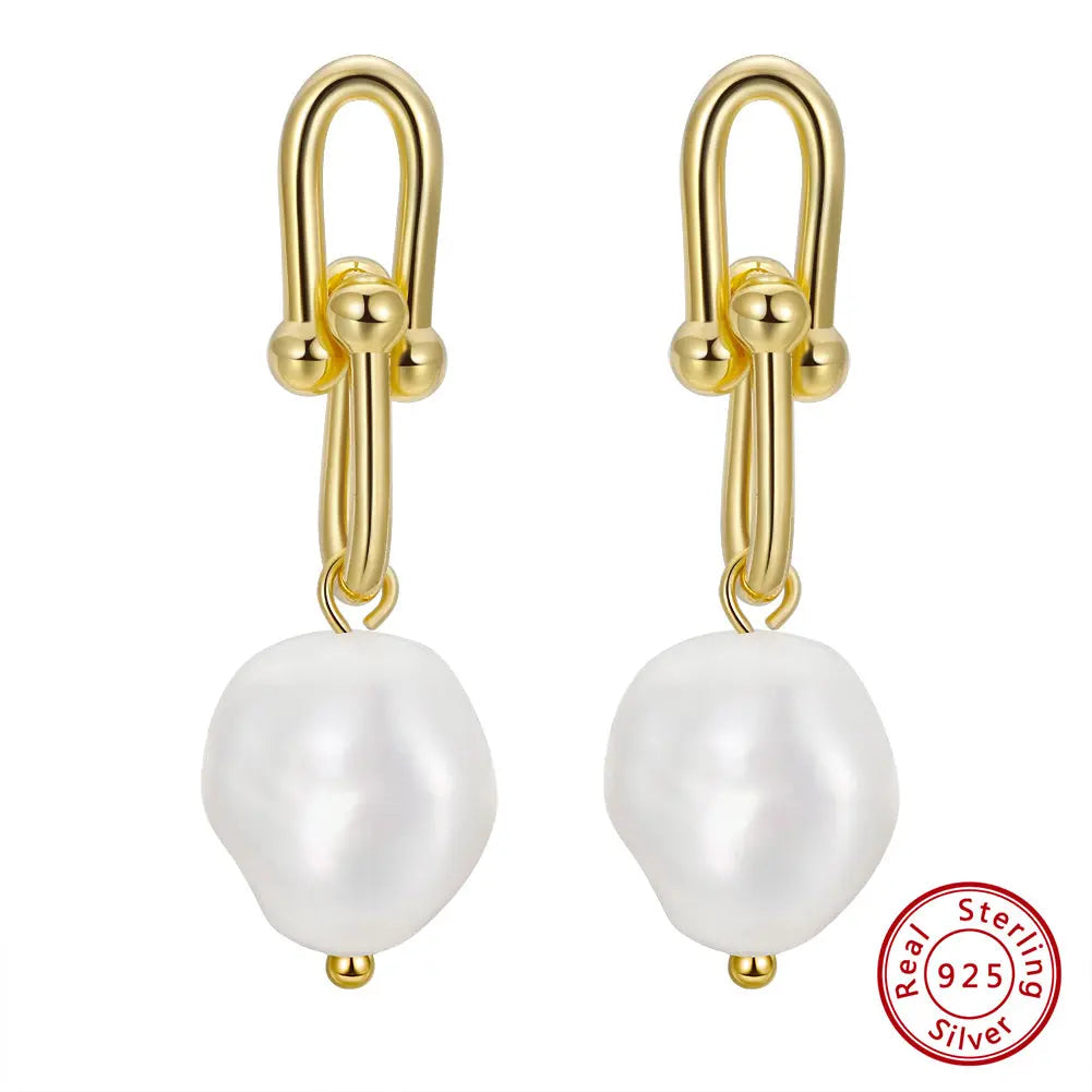 Cultured Freashwater Pear 14K Gold Plated 925 Sterling Silver Horseshoe Chain Baroque Earrings TQ