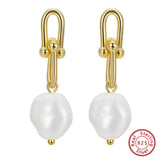 Cultured Freashwater Pear 14K Gold Plated 925 Sterling Silver Horseshoe Chain Baroque Earrings TQ