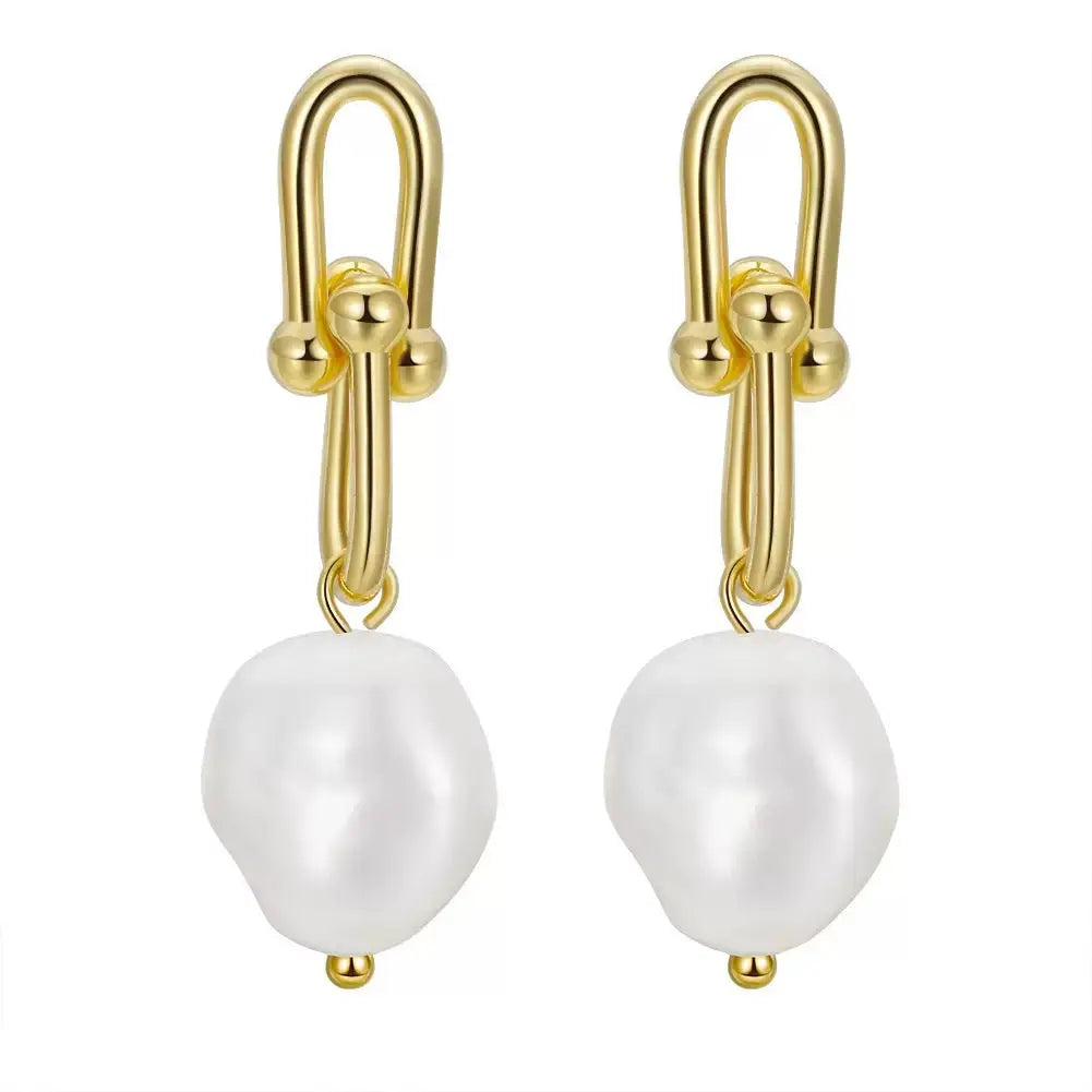 Cultured Freashwater Pear 14K Gold Plated 925 Sterling Silver Horseshoe Chain Baroque Earrings TQ