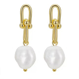 Cultured Freashwater Pear 14K Gold Plated 925 Sterling Silver Horseshoe Chain Baroque Earrings TQ
