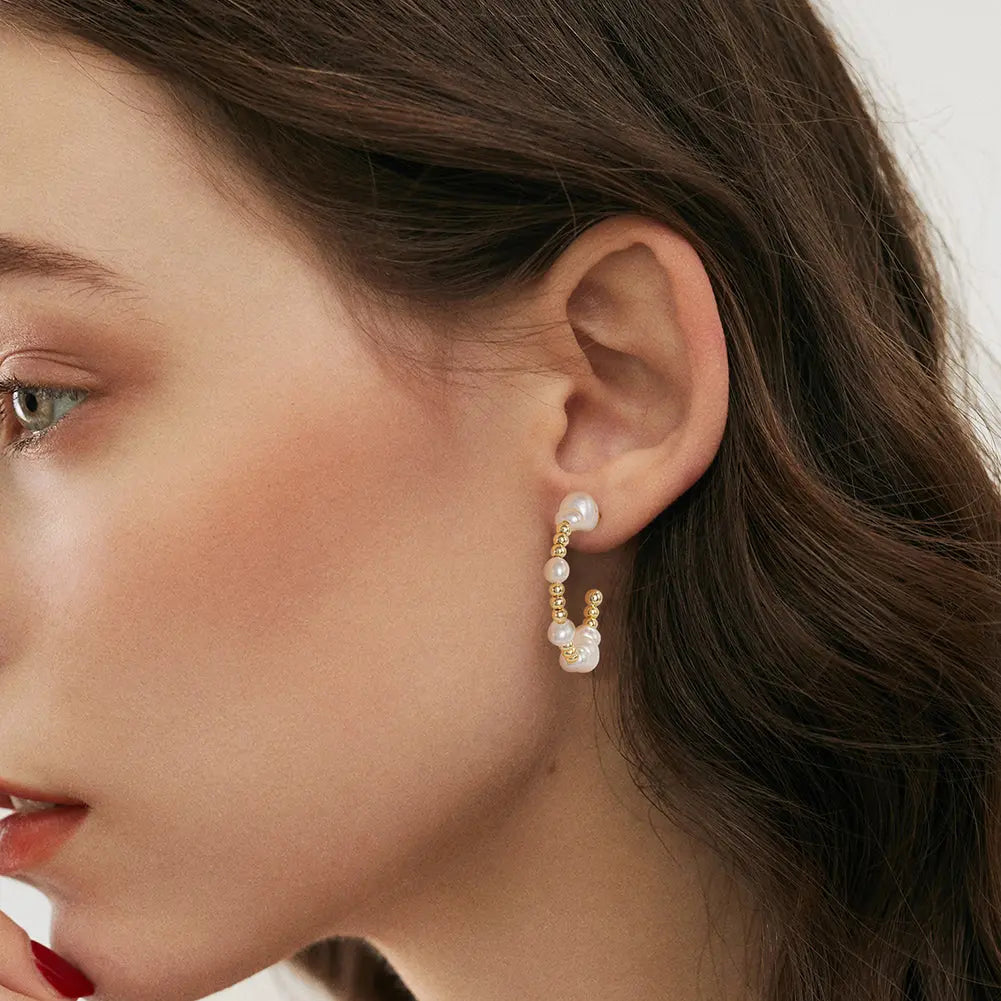 Cultured Freashwater Pear 14K Gold Plated 925 Sterling Silver Round beads With Pearls Earrings TQ