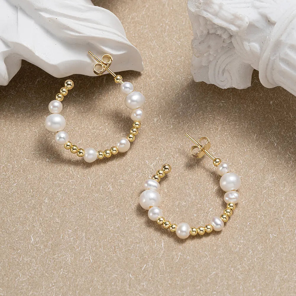 Cultured Freashwater Pear 14K Gold Plated 925 Sterling Silver Round beads With Pearls Earrings TQ