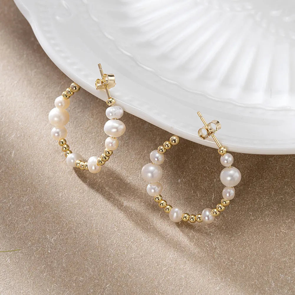 Cultured Freashwater Pear 14K Gold Plated 925 Sterling Silver Round beads With Pearls Earrings TQ
