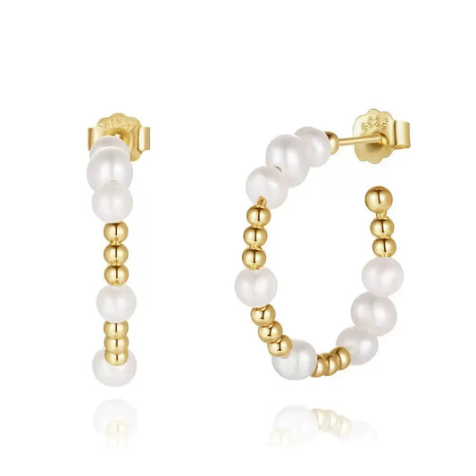 Cultured Freashwater Pear 14K Gold Plated 925 Sterling Silver Round beads With Pearls Earrings TQ