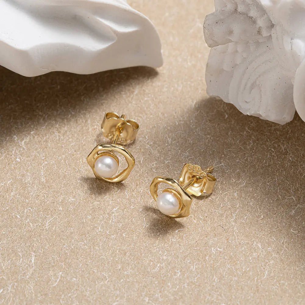 Cultured Freashwater Pear 14K Gold Plated 925 Sterling Silver Flower Shaped Earrings TQ