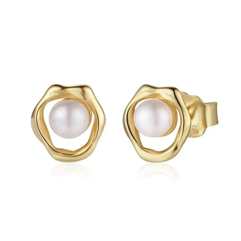Cultured Freashwater Pear 14K Gold Plated 925 Sterling Silver Flower Shaped Earrings TQ