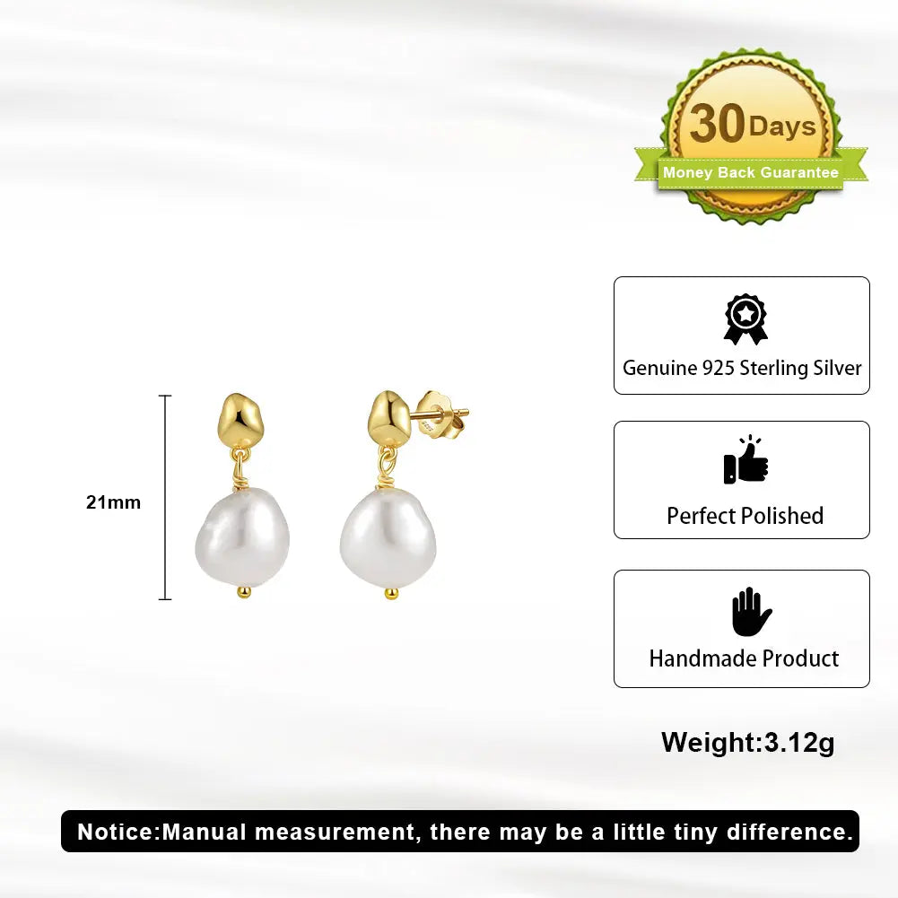Cultured Freshwater Pearl 14K Gold Plated 925 Sterling Silver Irregular Baroque Earrings TQ