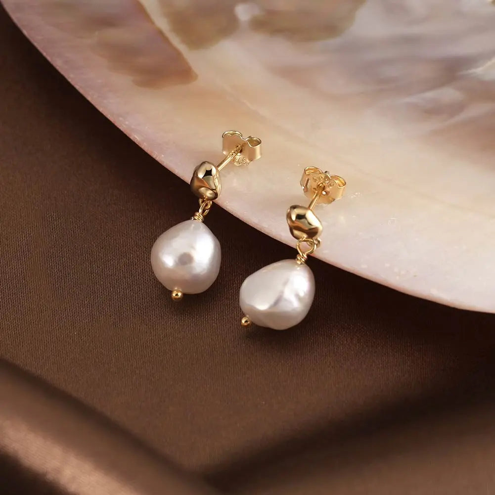 Cultured Freshwater Pearl 14K Gold Plated 925 Sterling Silver Irregular Baroque Earrings TQ
