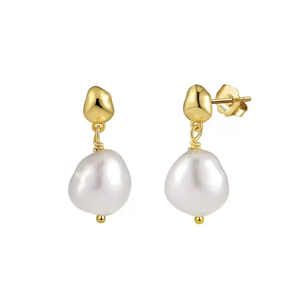 Cultured Freshwater Pearl 14K Gold Plated 925 Sterling Silver Irregular Baroque Earrings TQ