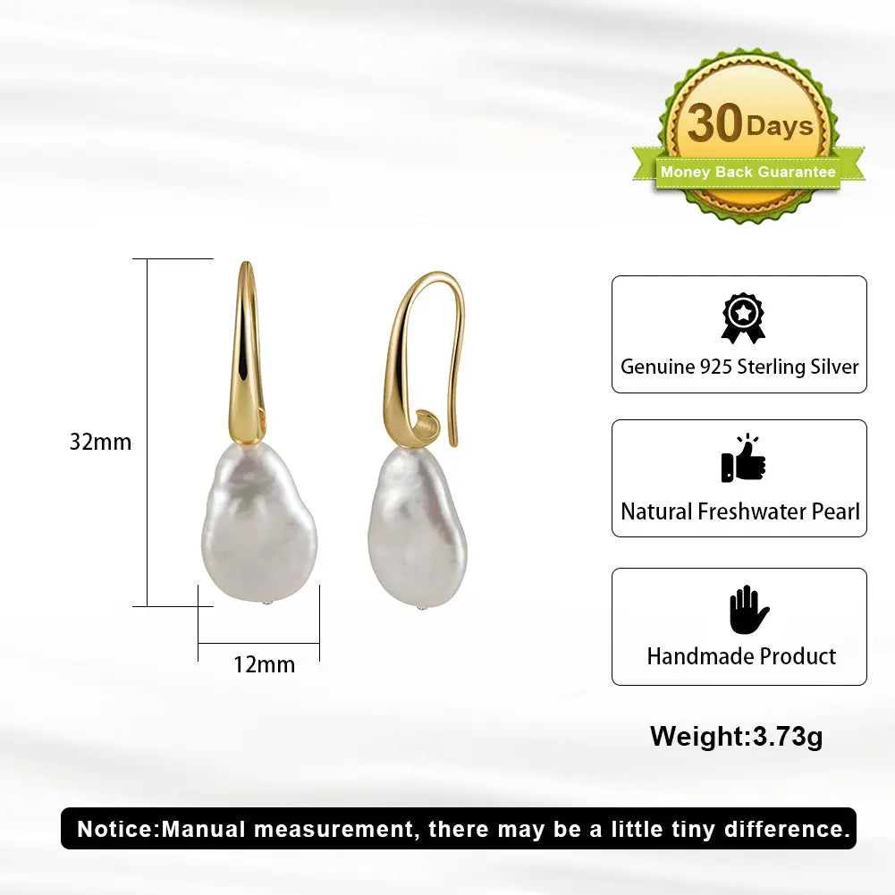Cultured Freshwater Pearl 925 Sterling Silver 14K Gold Plated Baroque Shaped Earrings TQ