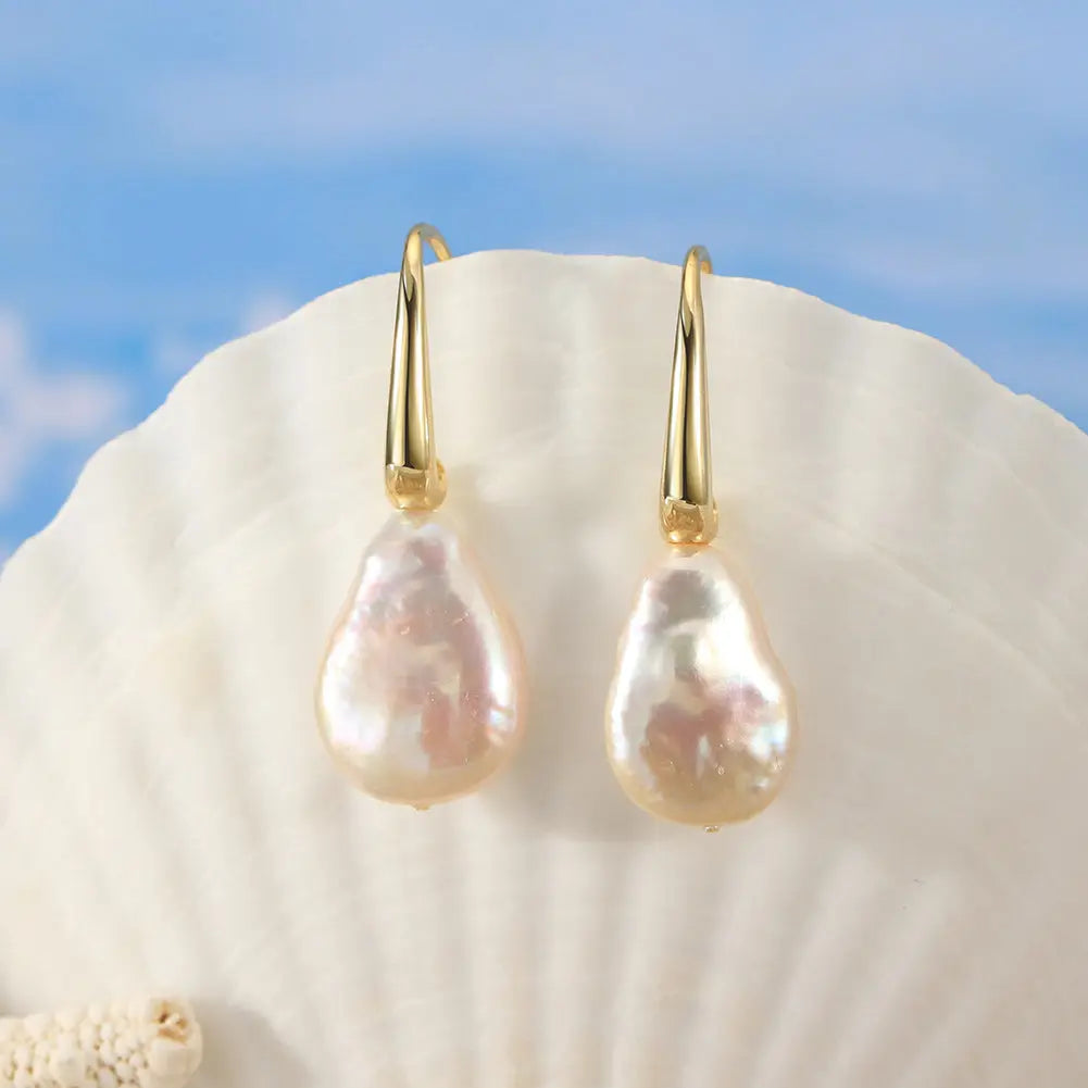 Cultured Freshwater Pearl 925 Sterling Silver 14K Gold Plated Baroque Shaped Earrings TQ