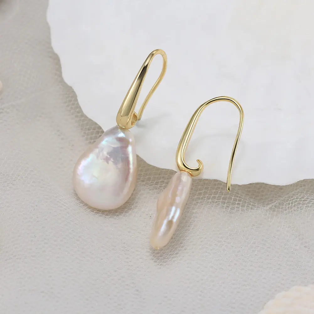Cultured Freshwater Pearl 925 Sterling Silver 14K Gold Plated Baroque Shaped Earrings TQ