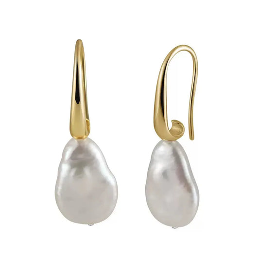 Cultured Freshwater Pearl 925 Sterling Silver 14K Gold Plated Baroque Shaped Earrings TQ