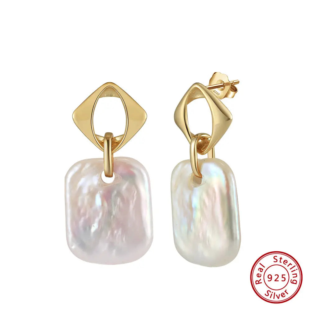 Cultured Freshwater Pearl 14K Gold Plated 925 Sterling Silver Square Baroque Earrings TQ