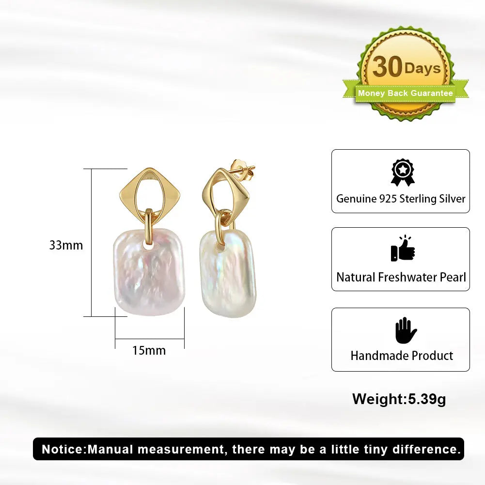 Cultured Freshwater Pearl 14K Gold Plated 925 Sterling Silver Square Baroque Earrings TQ
