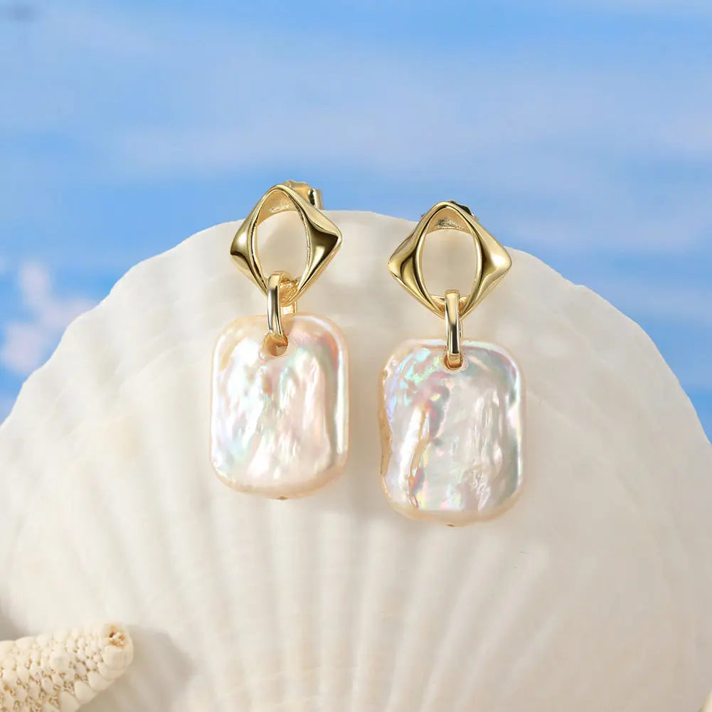 Cultured Freshwater Pearl 14K Gold Plated 925 Sterling Silver Square Baroque Earrings TQ