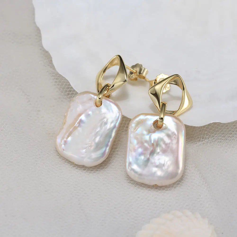 Cultured Freshwater Pearl 14K Gold Plated 925 Sterling Silver Square Baroque Earrings TQ