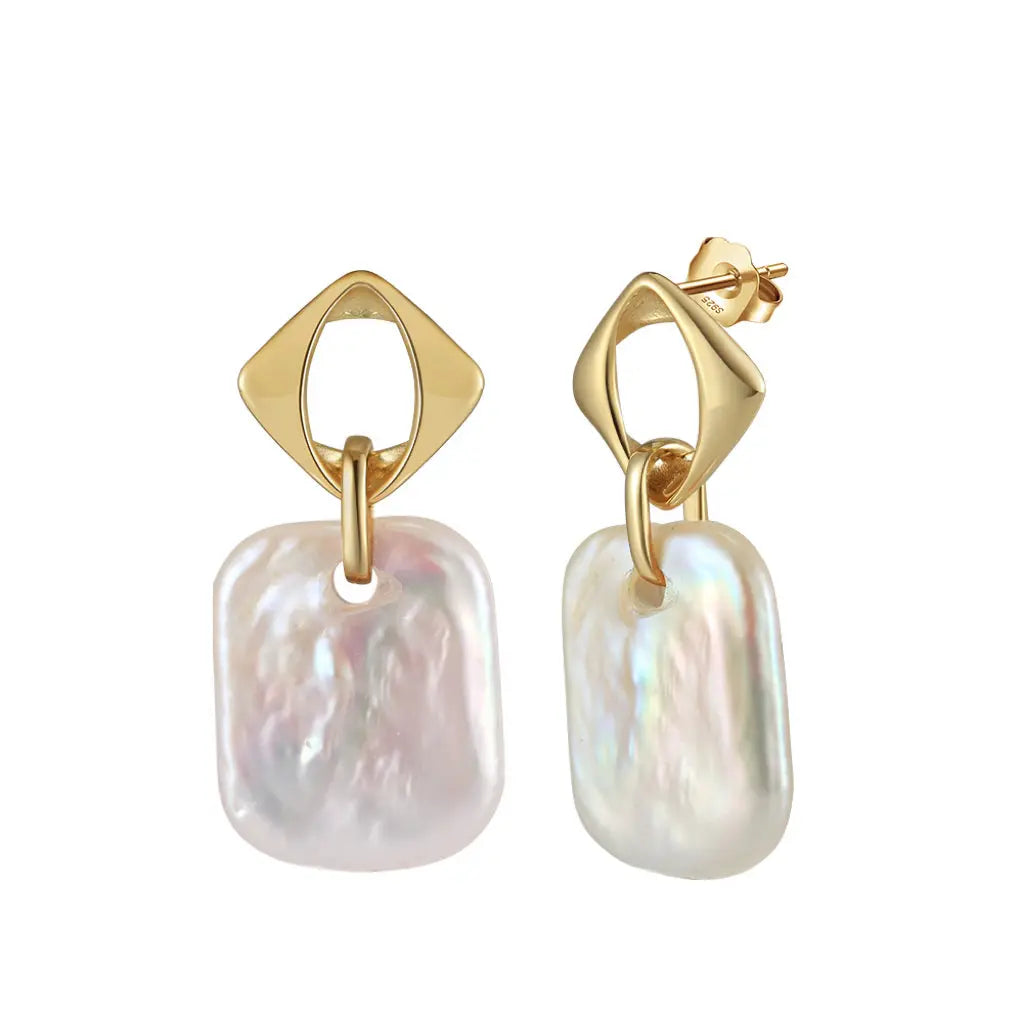 Cultured Freshwater Pearl 14K Gold Plated 925 Sterling Silver Square Baroque Earrings TQ