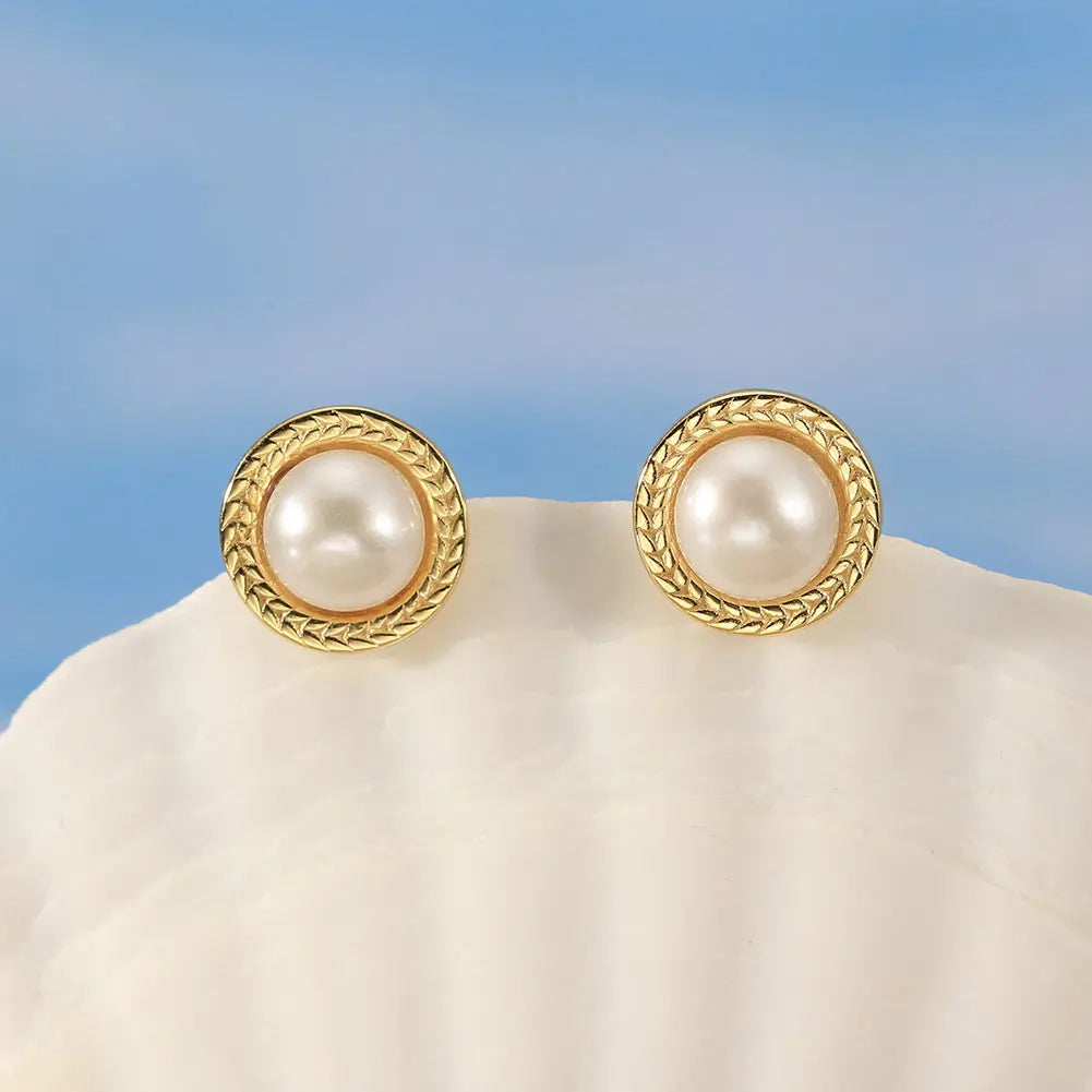 Cultured Freshwater Pearl 925 Sterling Silver 14K Gold Plated Vintage Large Pearl Earrings TQ