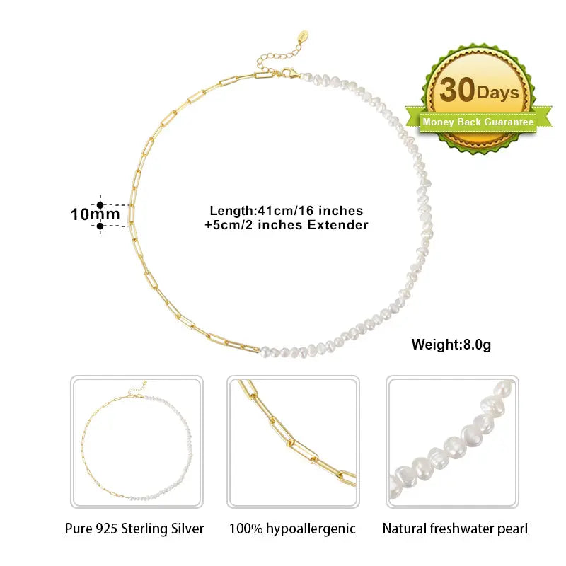 Cultured Freashwater Pearl 14K Gold Plated 925 Sterling Silver Vintage Paper Clip Necklace TQ