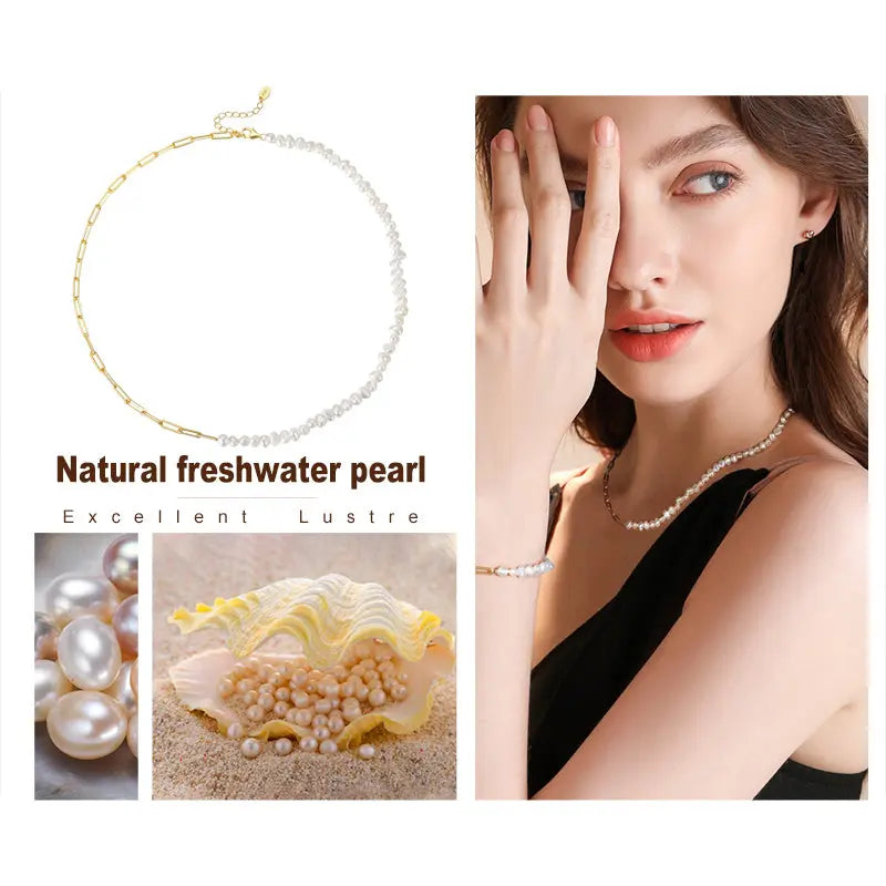 Cultured Freashwater Pearl 14K Gold Plated 925 Sterling Silver Vintage Paper Clip Necklace TQ