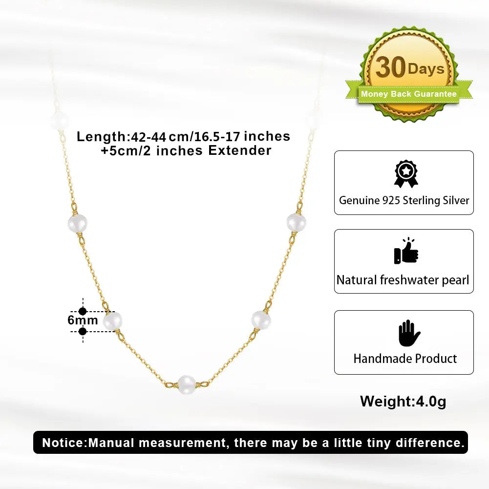 Cultured Freashwater Pearl 14K Gold Plated 925 Sterling Silver White Pearl Necklace TQ