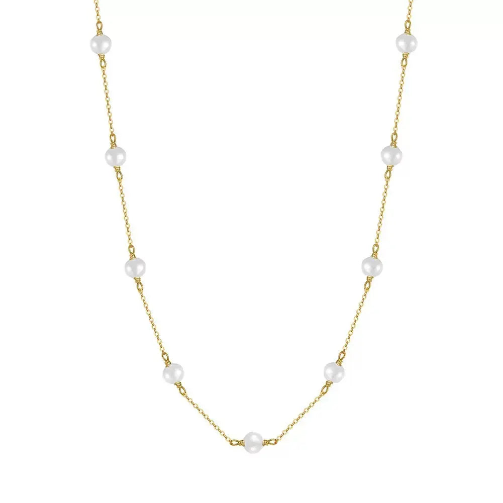 Cultured Freashwater Pearl 14K Gold Plated 925 Sterling Silver White Pearl Necklace TQ