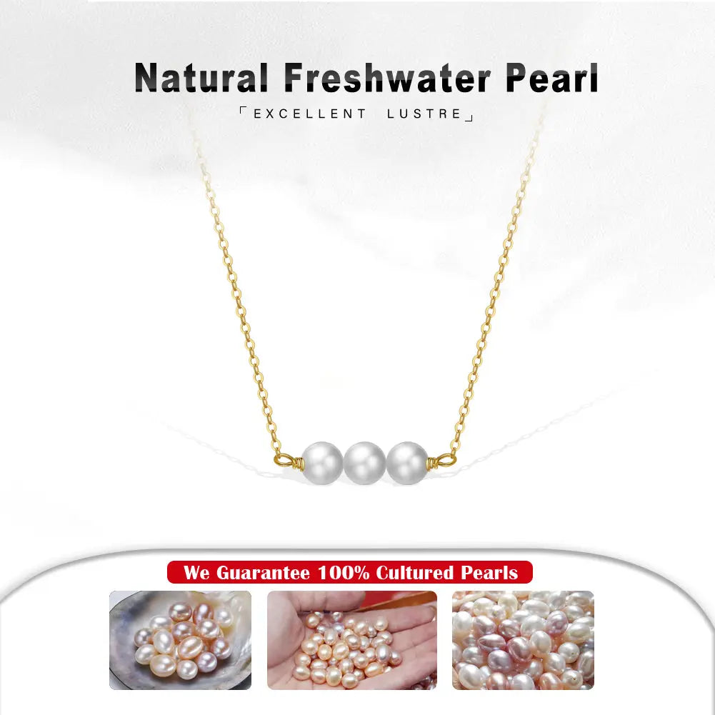 Cultured Freshwater Pearl 14K Gold Plated 925 Sterling Silver Three Pearl Necklace TQ
