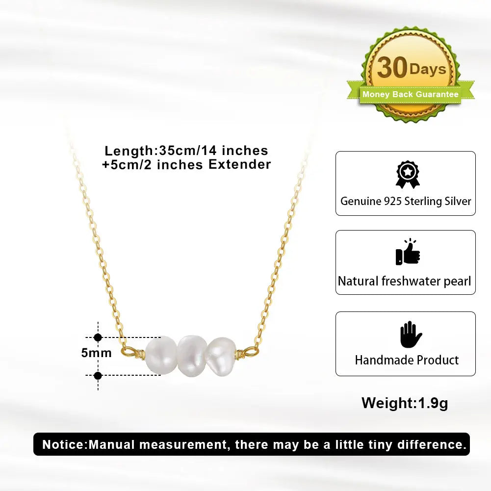 Cultured Freshwater Pearl 14K Gold Plated 925 Sterling Silver Three Pearl Necklace TQ