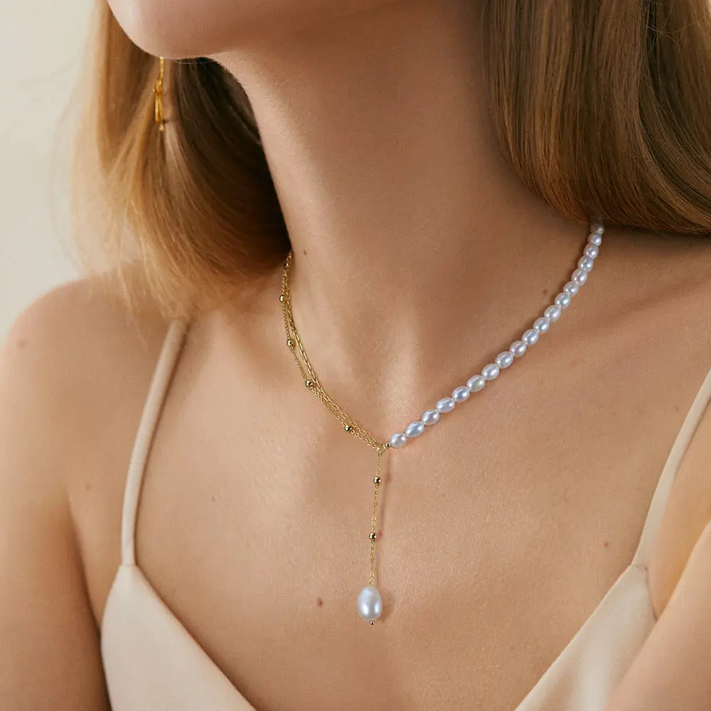 Cultured Freshwater Pearl 925 Sterling Silver 14K Gold Plated French Vintage Double-layer Necklace TQ